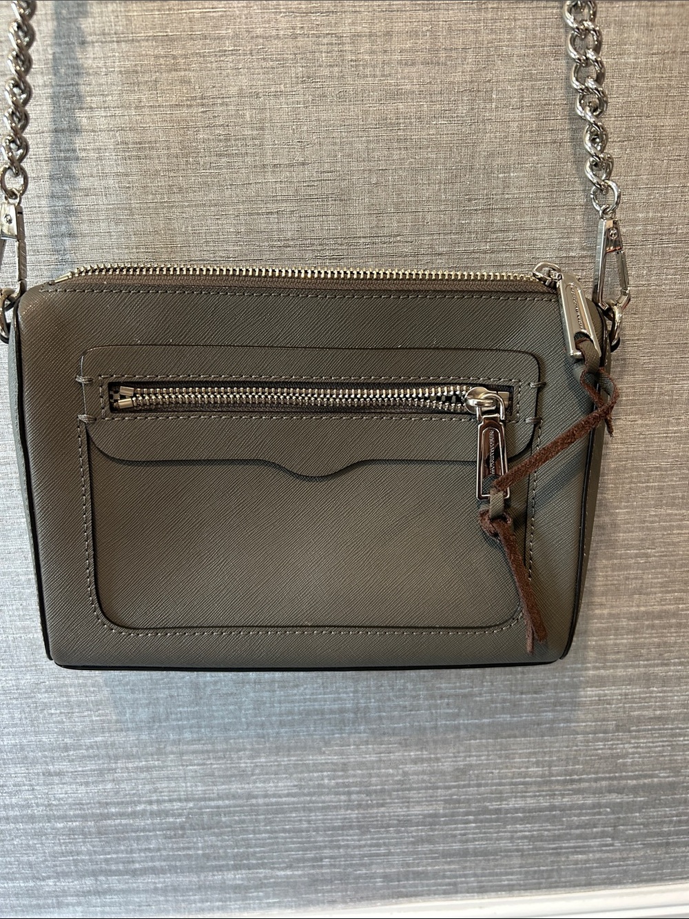 Rebecca Minkoff Gray Leather Crossbody Bag with Silver Chain